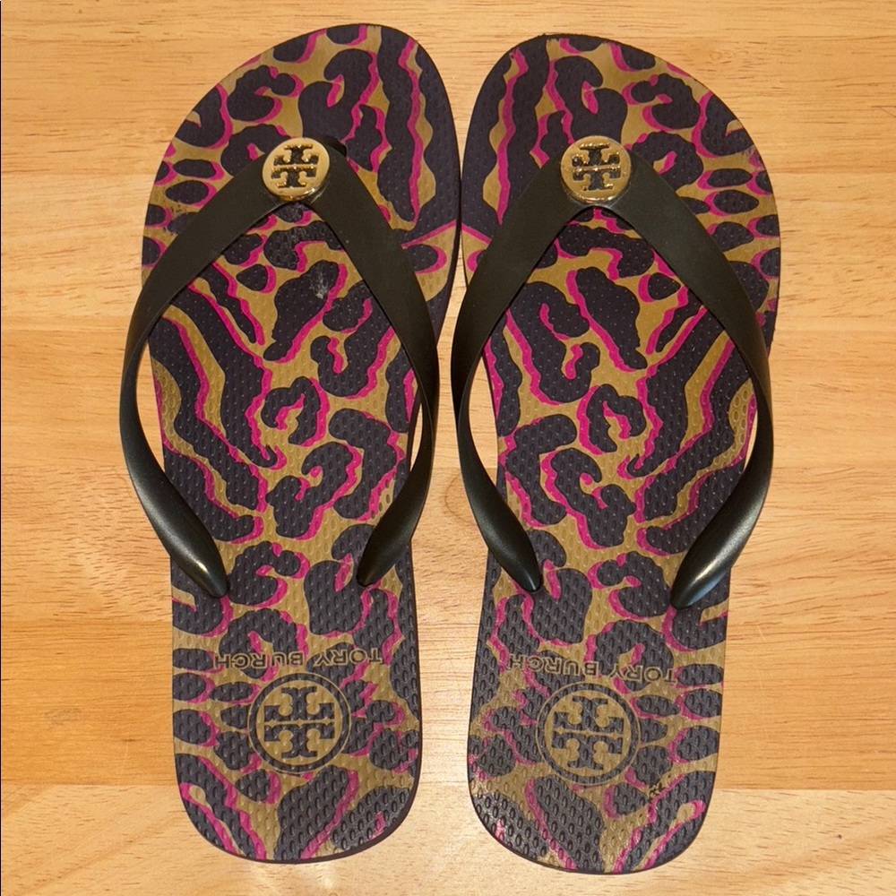 Tory Burch Black and Pink Leopard Sandals